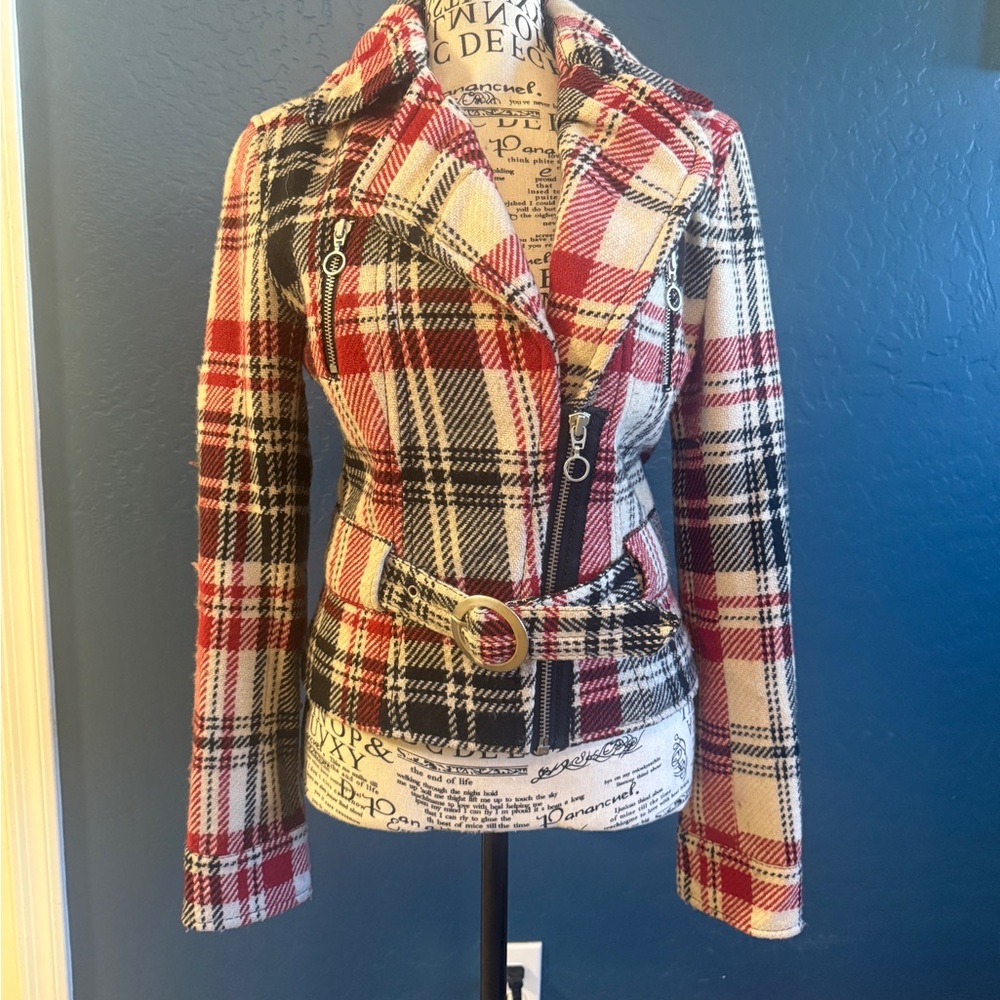 Express Red and Black Plaid Women's Moto Jacket Blazer